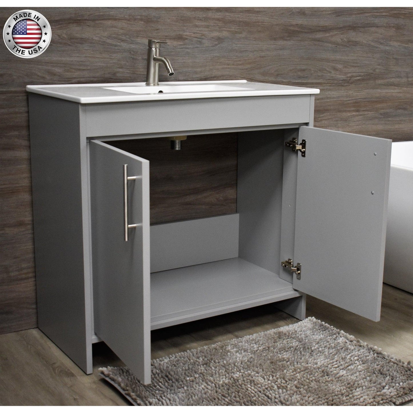 Volpa USA Villa 36" Gray Freestanding Modern Bathroom Vanity With Integrated Ceramic Top and Brushed Nickel Round Handles