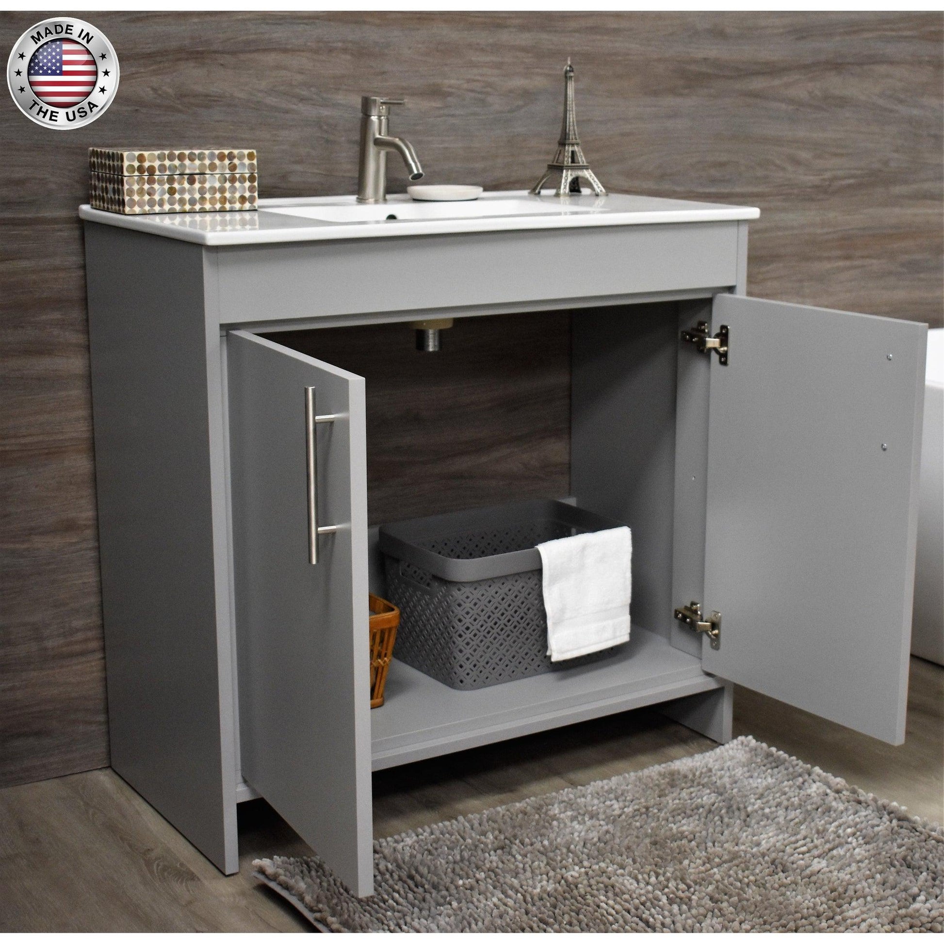 Volpa USA Villa 36" Gray Freestanding Modern Bathroom Vanity With Integrated Ceramic Top and Brushed Nickel Round Handles