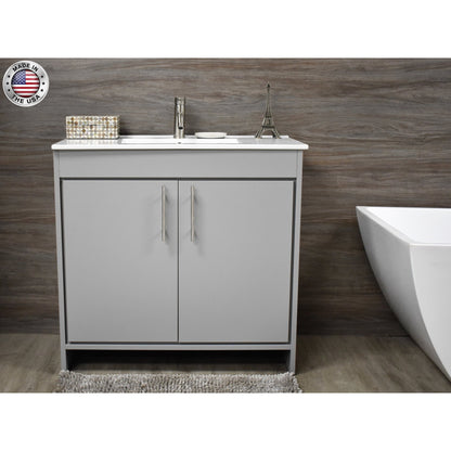 Volpa USA Villa 36" Gray Freestanding Modern Bathroom Vanity With Integrated Ceramic Top and Brushed Nickel Round Handles