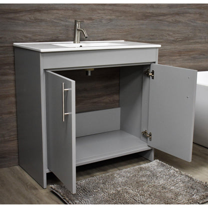 Volpa USA Villa 36" Gray Freestanding Modern Bathroom Vanity With Integrated Ceramic Top and Brushed Nickel Round Handles