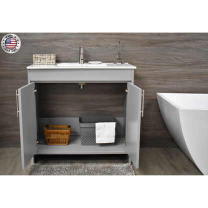 Volpa USA Villa 36" Gray Freestanding Modern Bathroom Vanity With Integrated Ceramic Top and Brushed Nickel Round Handles