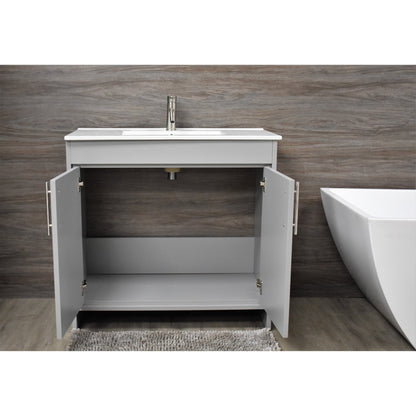 Volpa USA Villa 36" Gray Freestanding Modern Bathroom Vanity With Integrated Ceramic Top and Brushed Nickel Round Handles