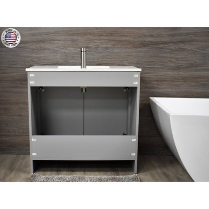 Volpa USA Villa 36" Gray Freestanding Modern Bathroom Vanity With Integrated Ceramic Top and Brushed Nickel Round Handles