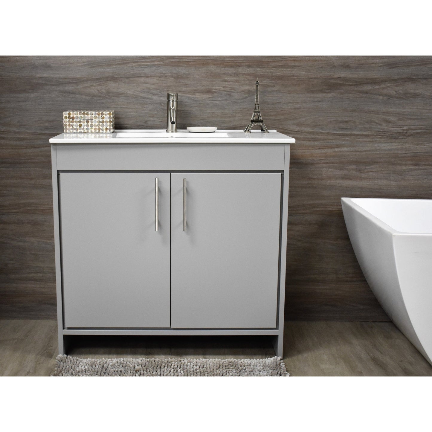 Volpa USA Villa 36" Gray Freestanding Modern Bathroom Vanity With Integrated Ceramic Top and Brushed Nickel Round Handles