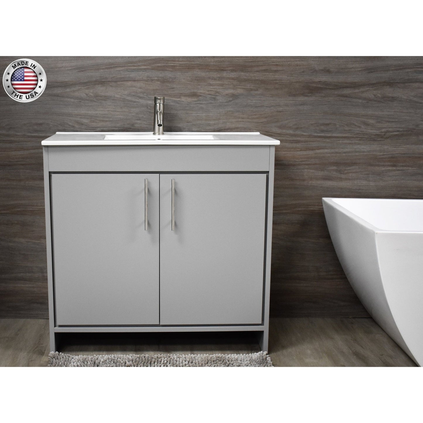 Volpa USA Villa 36" Gray Freestanding Modern Bathroom Vanity With Integrated Ceramic Top and Brushed Nickel Round Handles