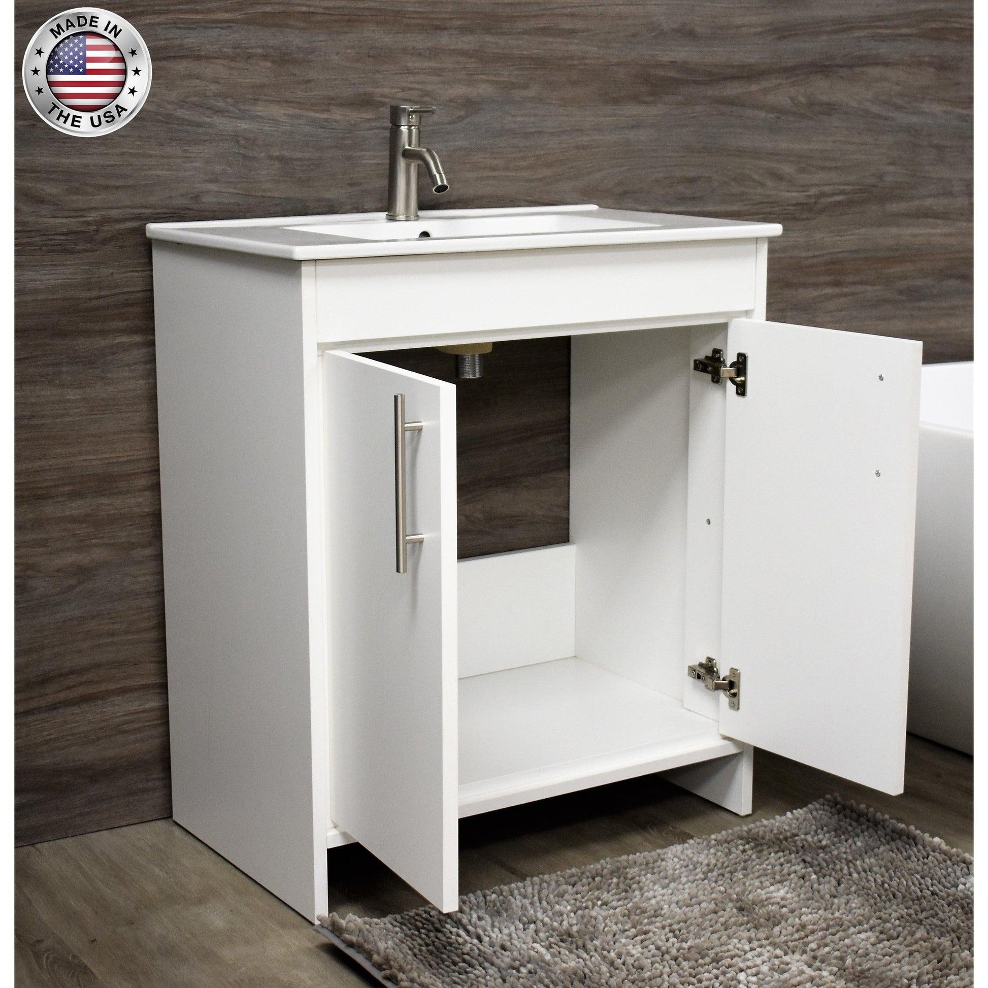 Volpa USA Villa 36" White Freestanding Modern Bathroom Vanity With Integrated Ceramic Top and Brushed Nickel Round Handles