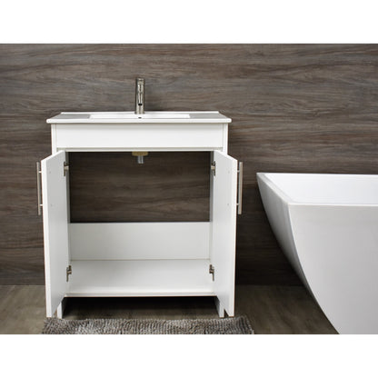 Volpa USA Villa 36" White Freestanding Modern Bathroom Vanity With Integrated Ceramic Top and Brushed Nickel Round Handles