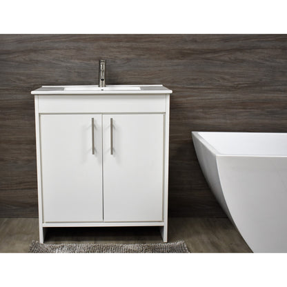 Volpa USA Villa 36" White Freestanding Modern Bathroom Vanity With Integrated Ceramic Top and Brushed Nickel Round Handles