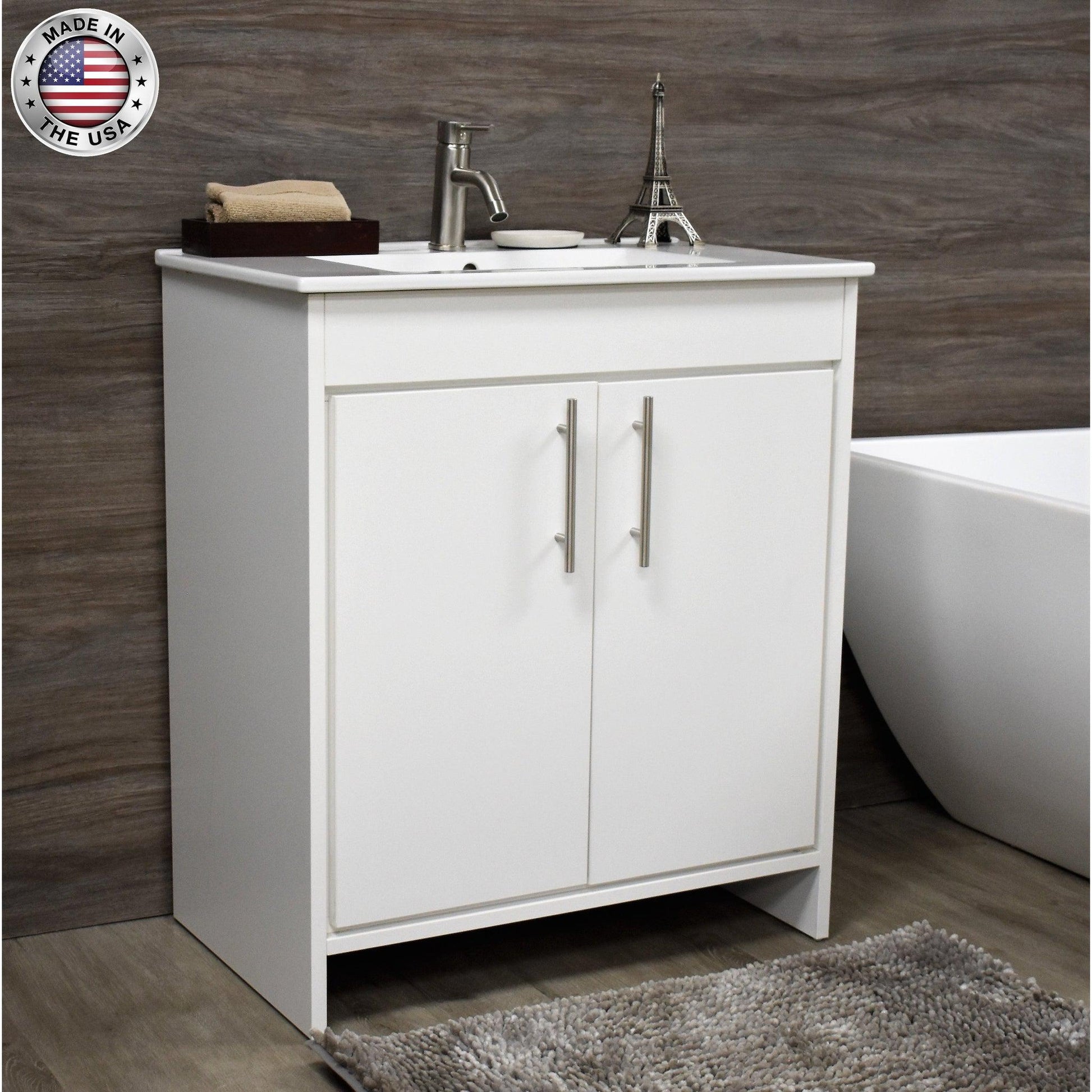 Volpa USA Villa 36" White Freestanding Modern Bathroom Vanity With Integrated Ceramic Top and Brushed Nickel Round Handles