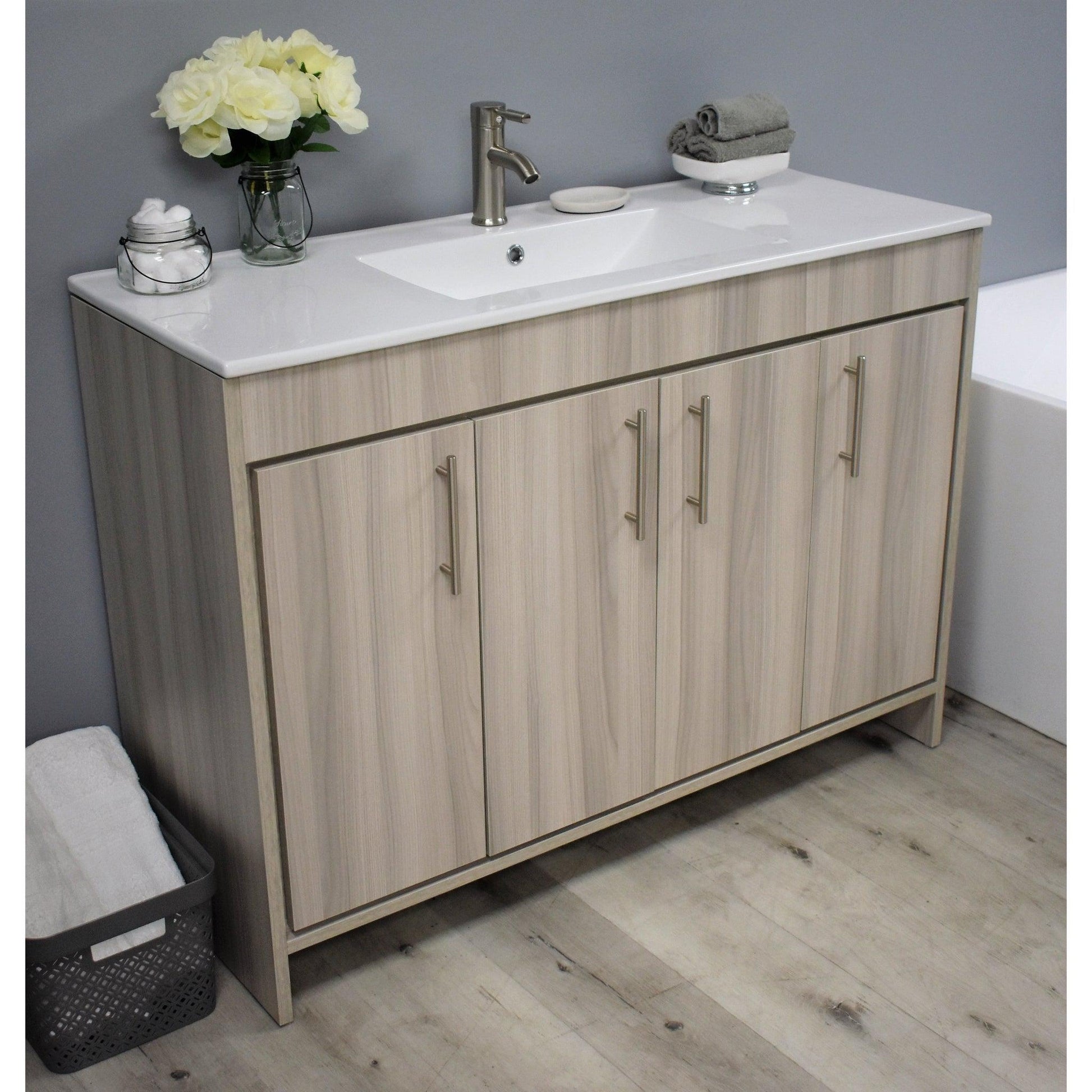 Volpa USA Villa 48" Ash Gray Freestanding Modern Bathroom Vanity With Integrated Ceramic Top and Brushed Nickel Round Handles