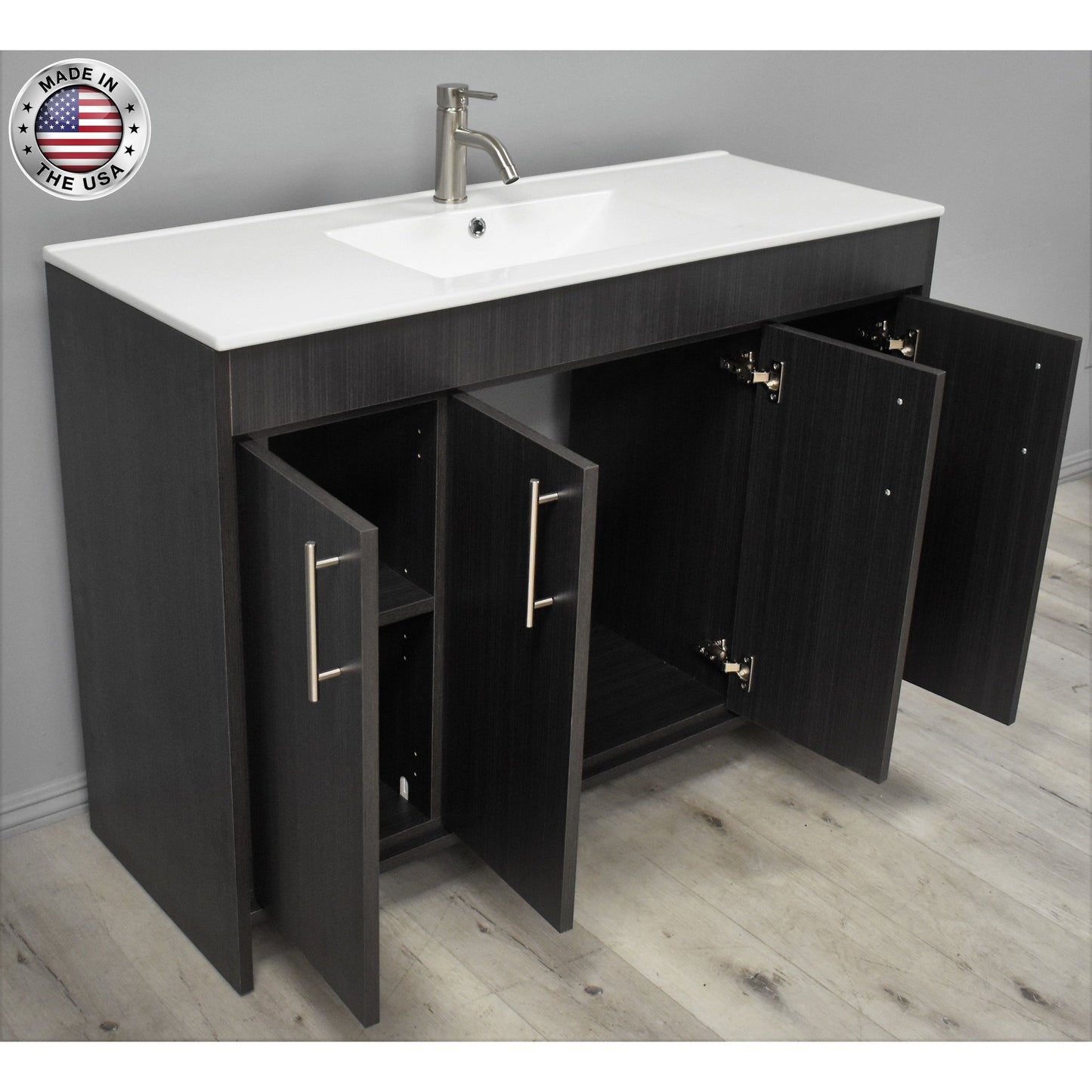 Volpa USA Villa 48" Black Ash Freestanding Modern Bathroom Vanity With Integrated Ceramic Top and Brushed Nickel Round Handles