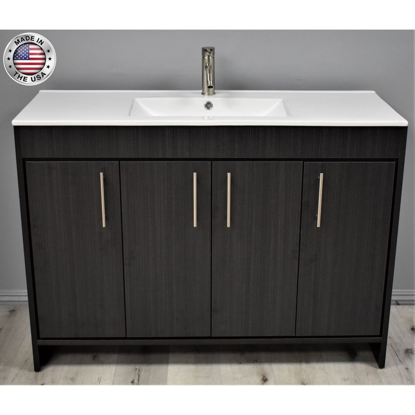 Volpa USA Villa 48" Black Ash Freestanding Modern Bathroom Vanity With Integrated Ceramic Top and Brushed Nickel Round Handles