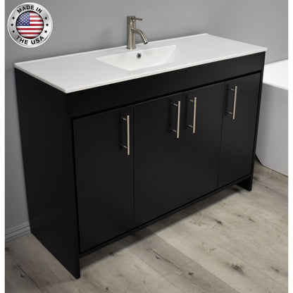 Volpa USA Villa 48" Black Freestanding Modern Bathroom Vanity With Integrated Ceramic Top and Brushed Nickel Round Handles