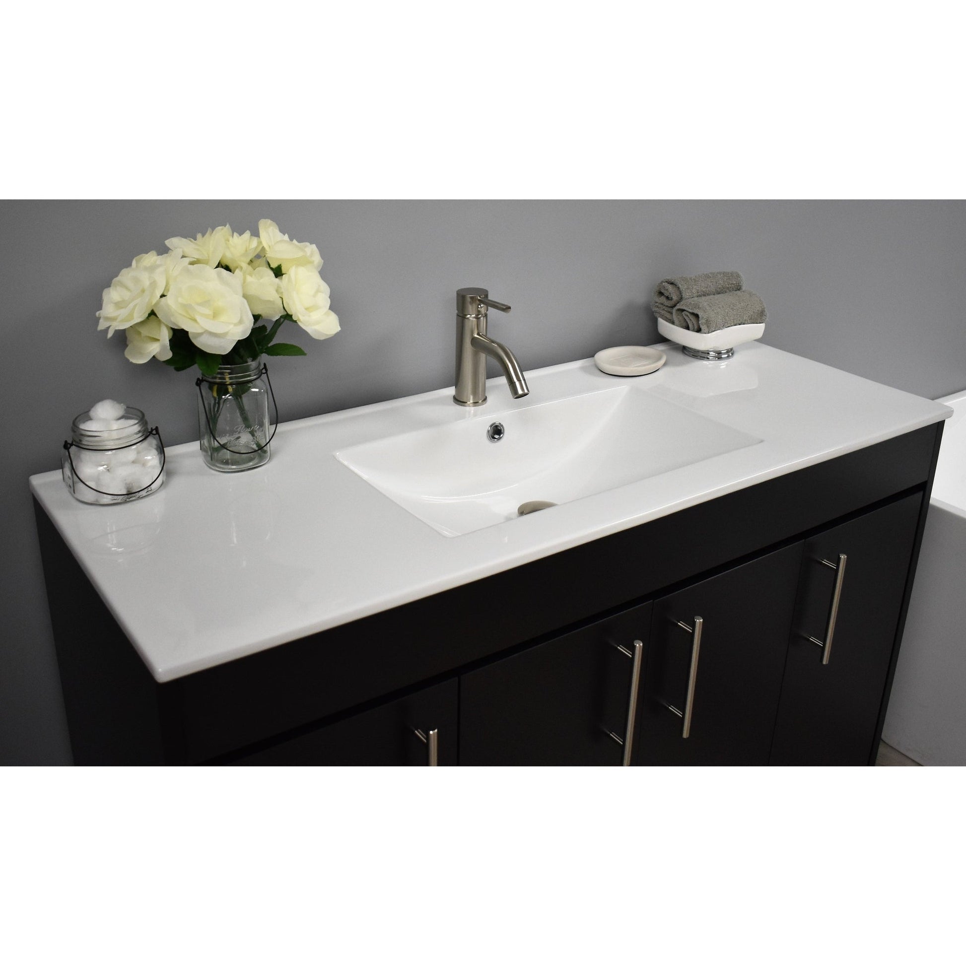 Volpa USA Villa 48" Black Freestanding Modern Bathroom Vanity With Integrated Ceramic Top and Brushed Nickel Round Handles