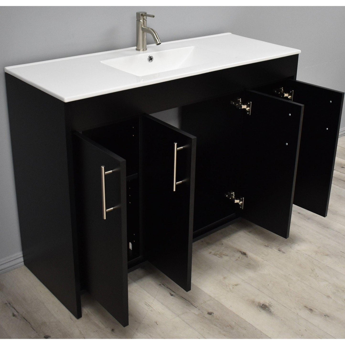 Volpa USA Villa 48" Black Freestanding Modern Bathroom Vanity With Integrated Ceramic Top and Brushed Nickel Round Handles