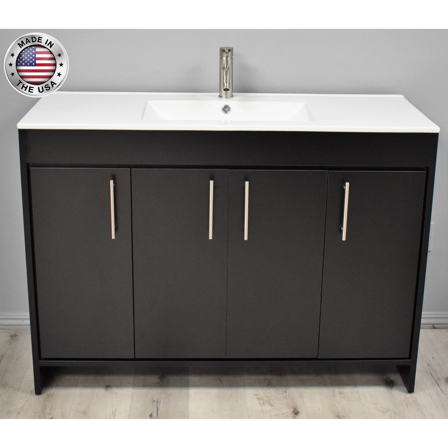 Volpa USA Villa 48" Black Freestanding Modern Bathroom Vanity With Integrated Ceramic Top and Brushed Nickel Round Handles