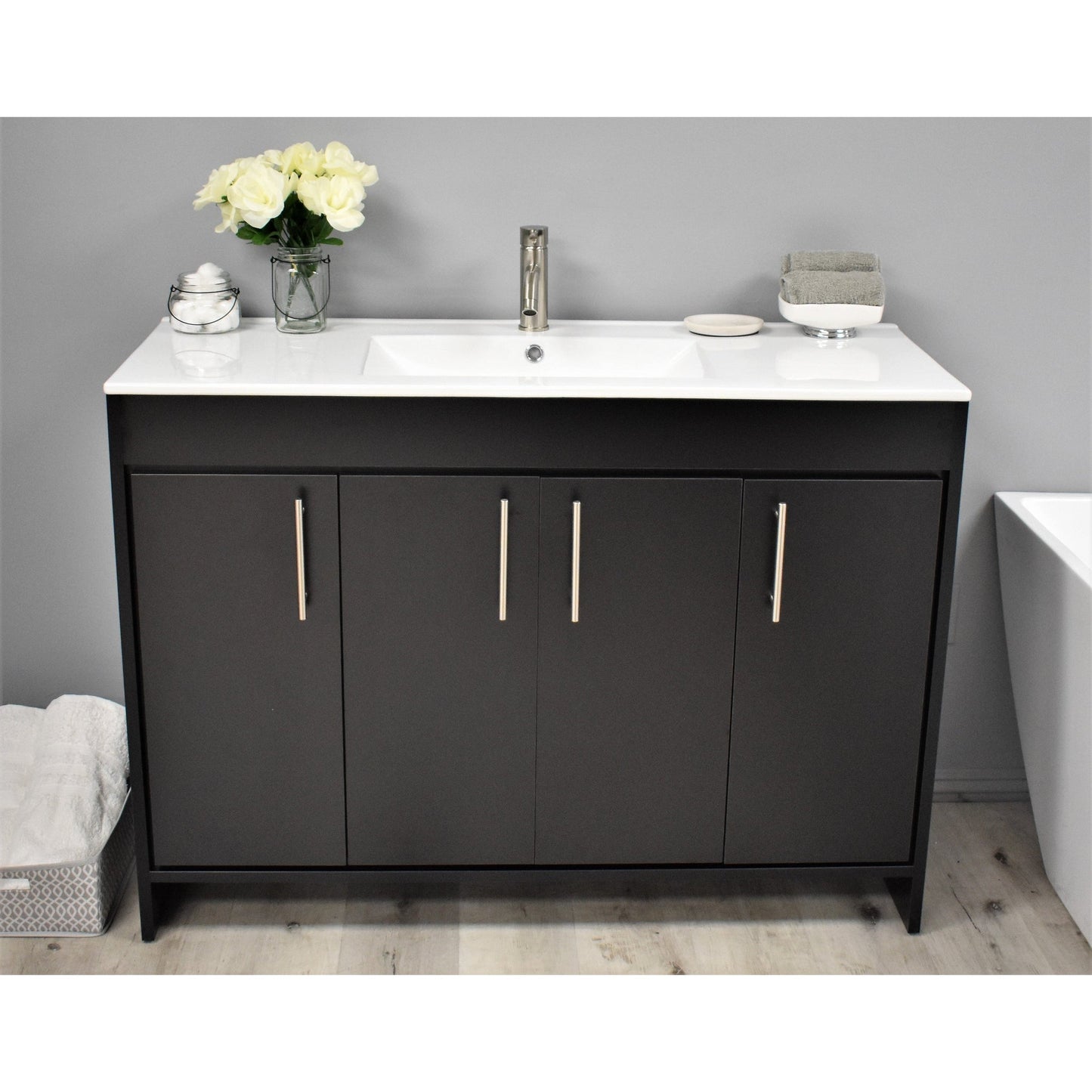 Volpa USA Villa 48" Black Freestanding Modern Bathroom Vanity With Integrated Ceramic Top and Brushed Nickel Round Handles