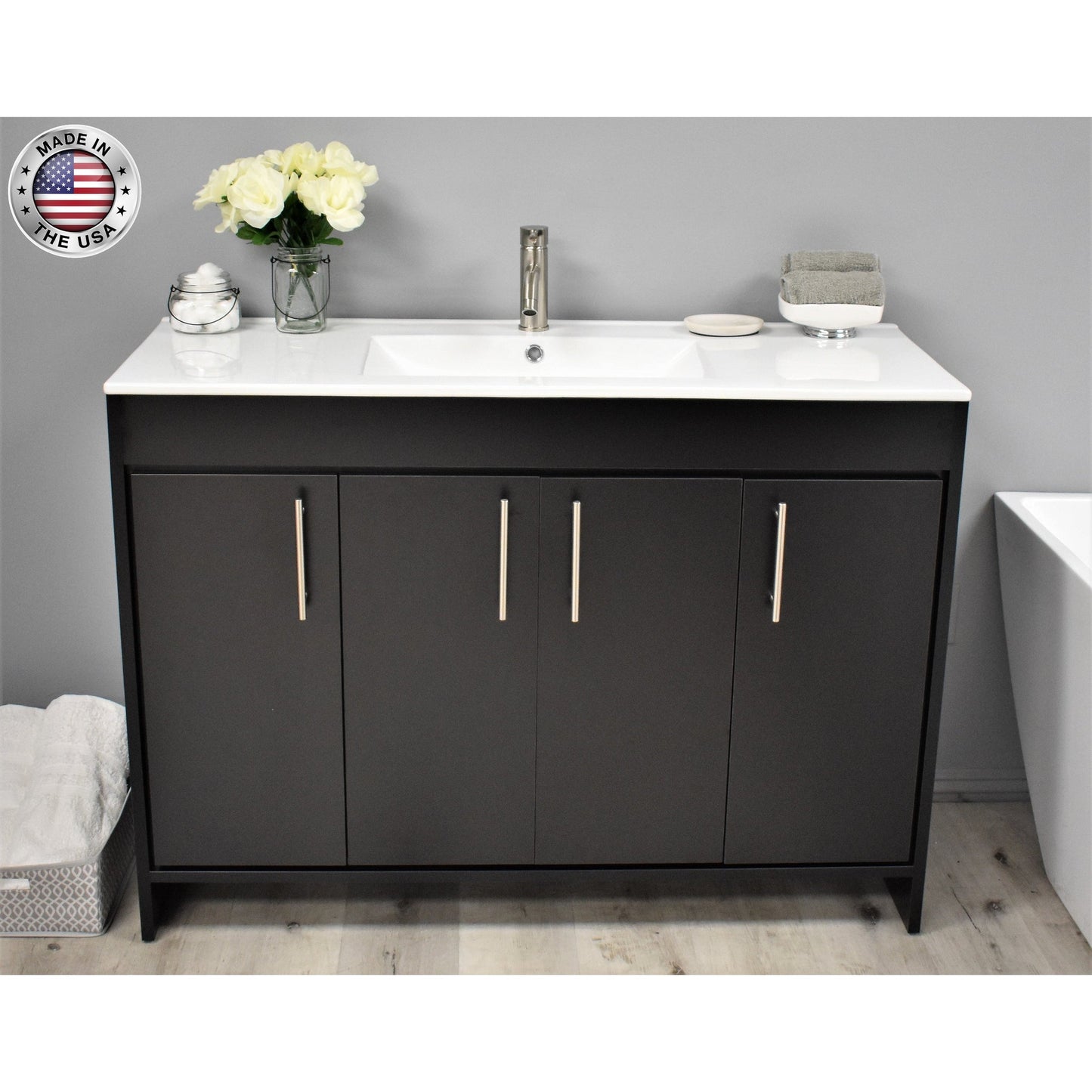 Volpa USA Villa 48" Black Freestanding Modern Bathroom Vanity With Integrated Ceramic Top and Brushed Nickel Round Handles