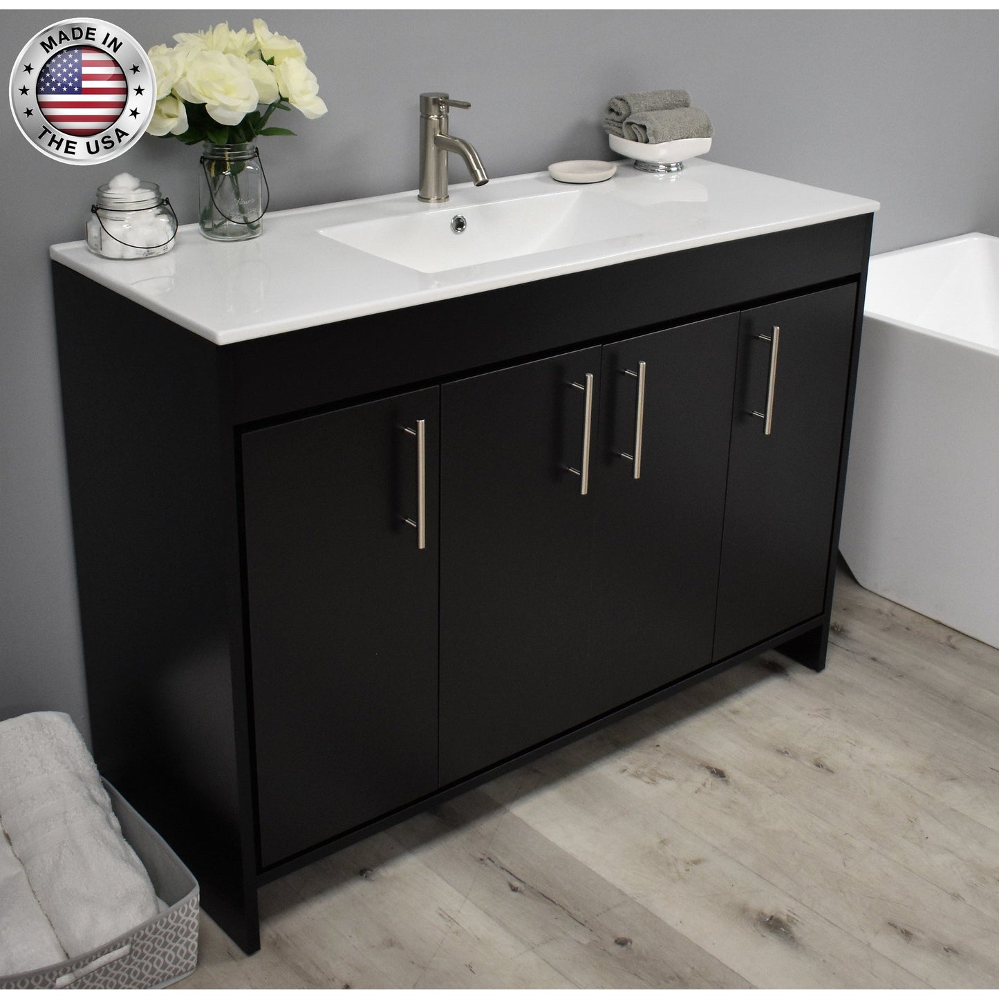 Volpa USA Villa 48" Black Freestanding Modern Bathroom Vanity With Integrated Ceramic Top and Brushed Nickel Round Handles