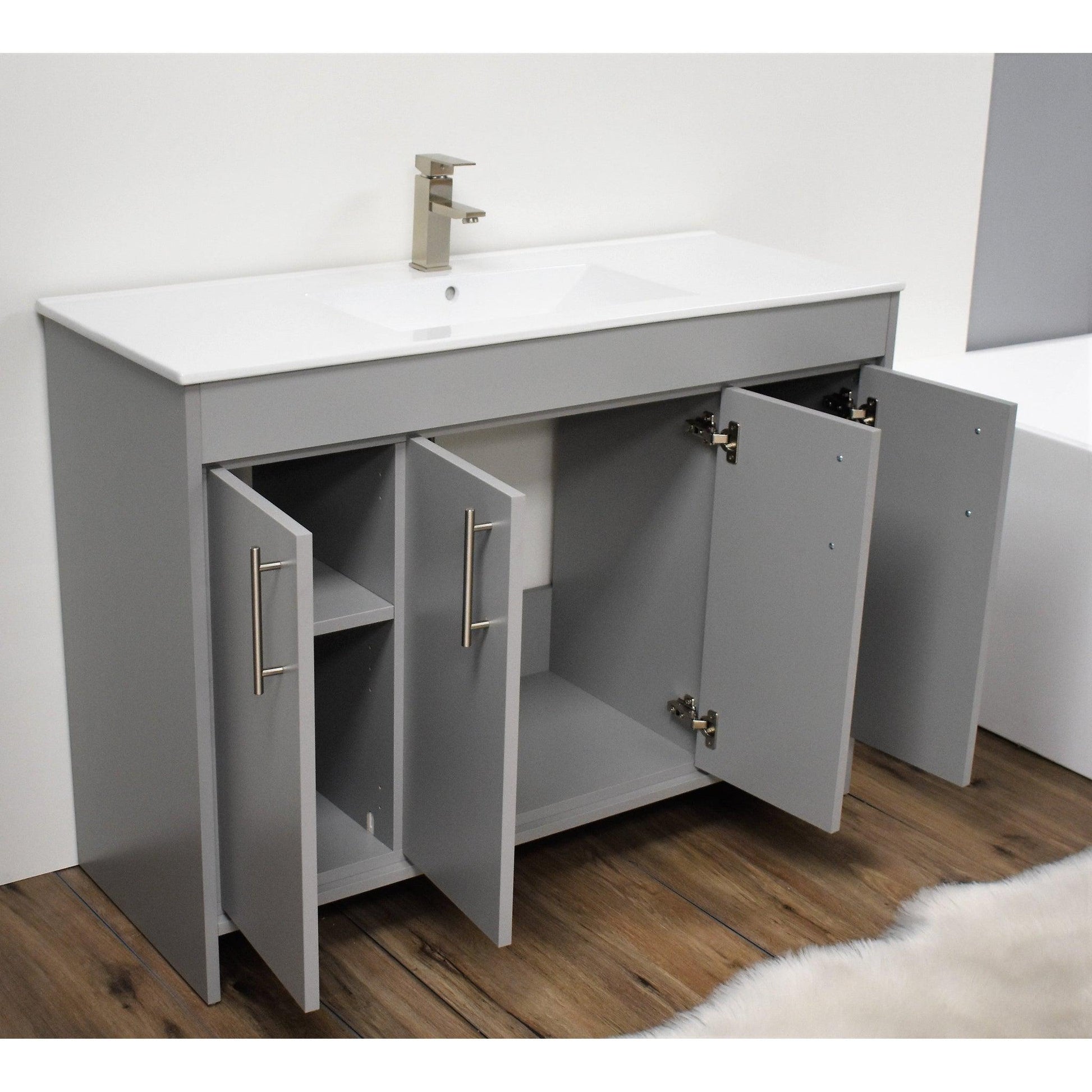 Volpa USA Villa 48" Gray Freestanding Modern Bathroom Vanity With Integrated Ceramic Top and Brushed Nickel Round Handles