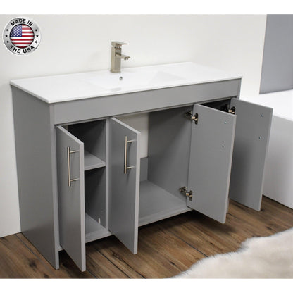 Volpa USA Villa 48" Gray Freestanding Modern Bathroom Vanity With Integrated Ceramic Top and Brushed Nickel Round Handles