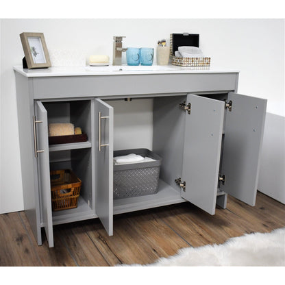 Volpa USA Villa 48" Gray Freestanding Modern Bathroom Vanity With Integrated Ceramic Top and Brushed Nickel Round Handles