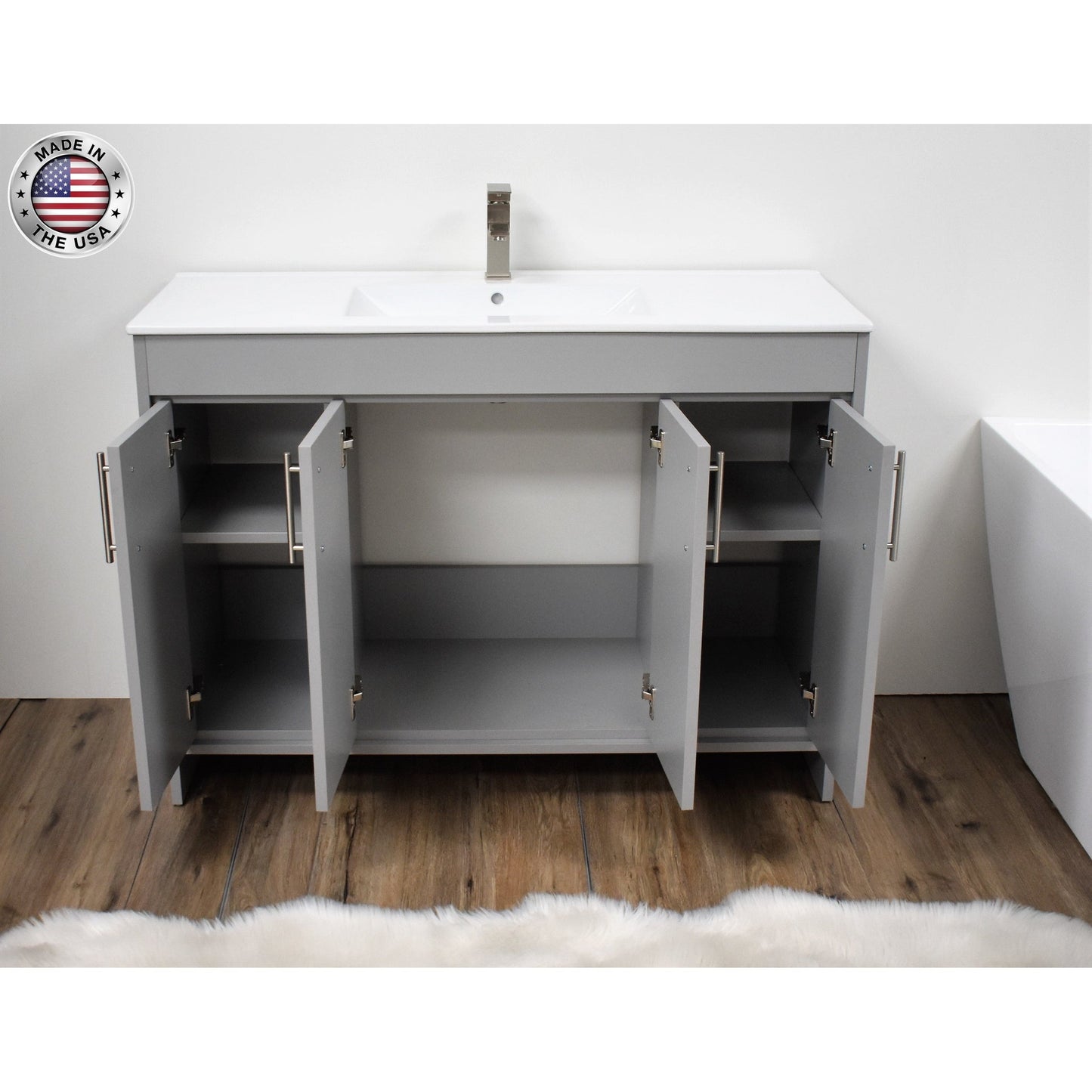 Volpa USA Villa 48" Gray Freestanding Modern Bathroom Vanity With Integrated Ceramic Top and Brushed Nickel Round Handles