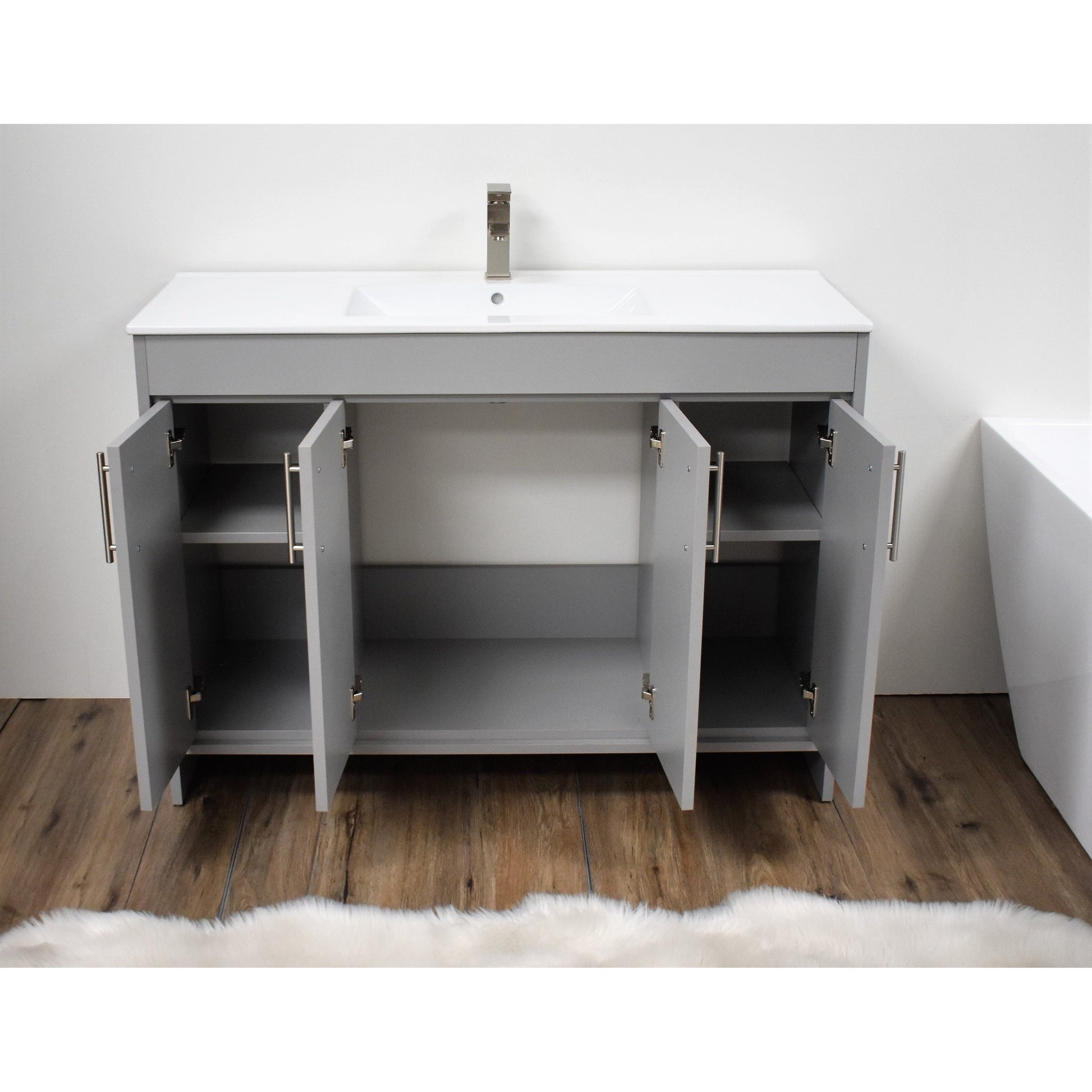 Volpa USA Villa 48" Gray Freestanding Modern Bathroom Vanity With Integrated Ceramic Top and Brushed Nickel Round Handles