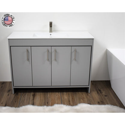 Volpa USA Villa 48" Gray Freestanding Modern Bathroom Vanity With Integrated Ceramic Top and Brushed Nickel Round Handles