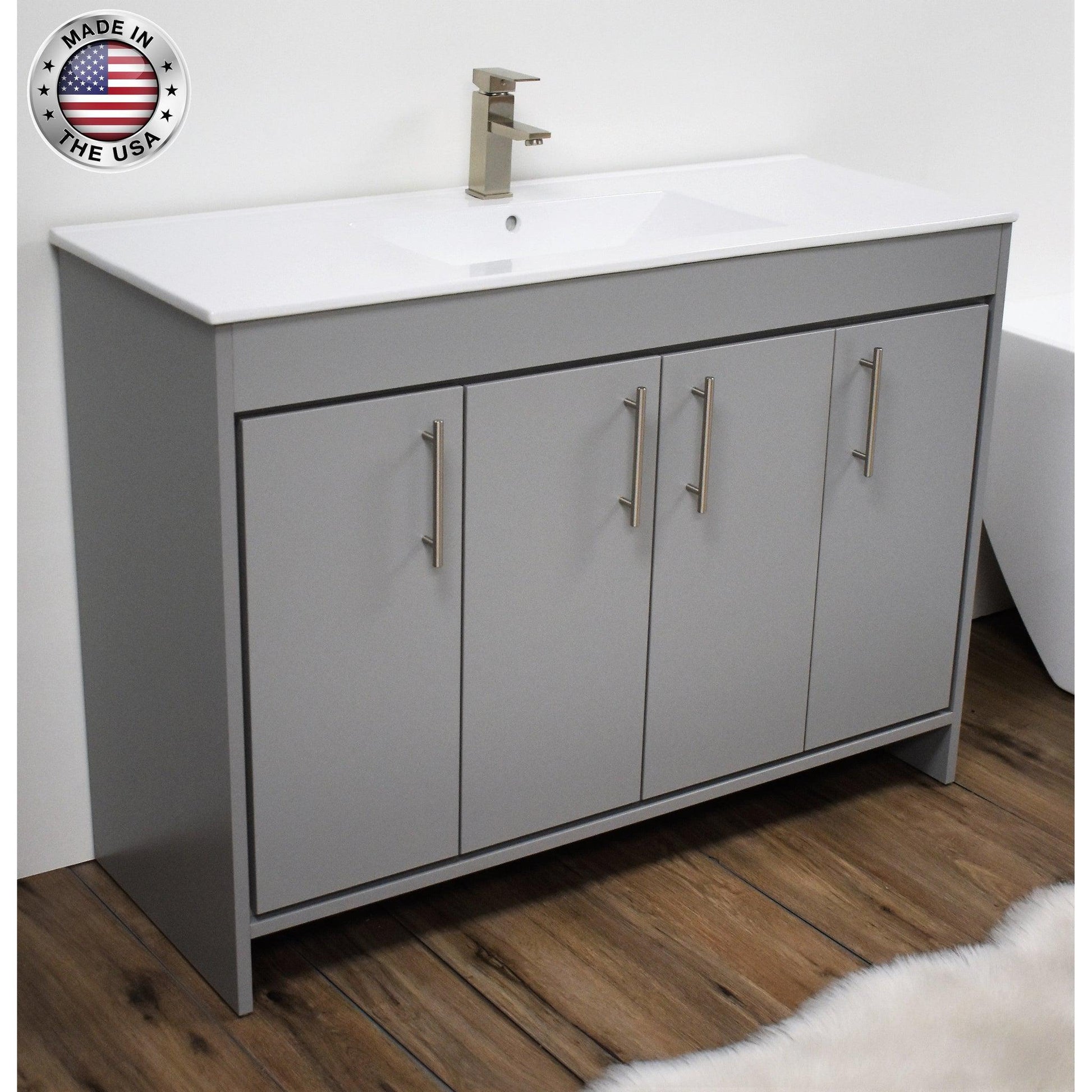 Volpa USA Villa 48" Gray Freestanding Modern Bathroom Vanity With Integrated Ceramic Top and Brushed Nickel Round Handles