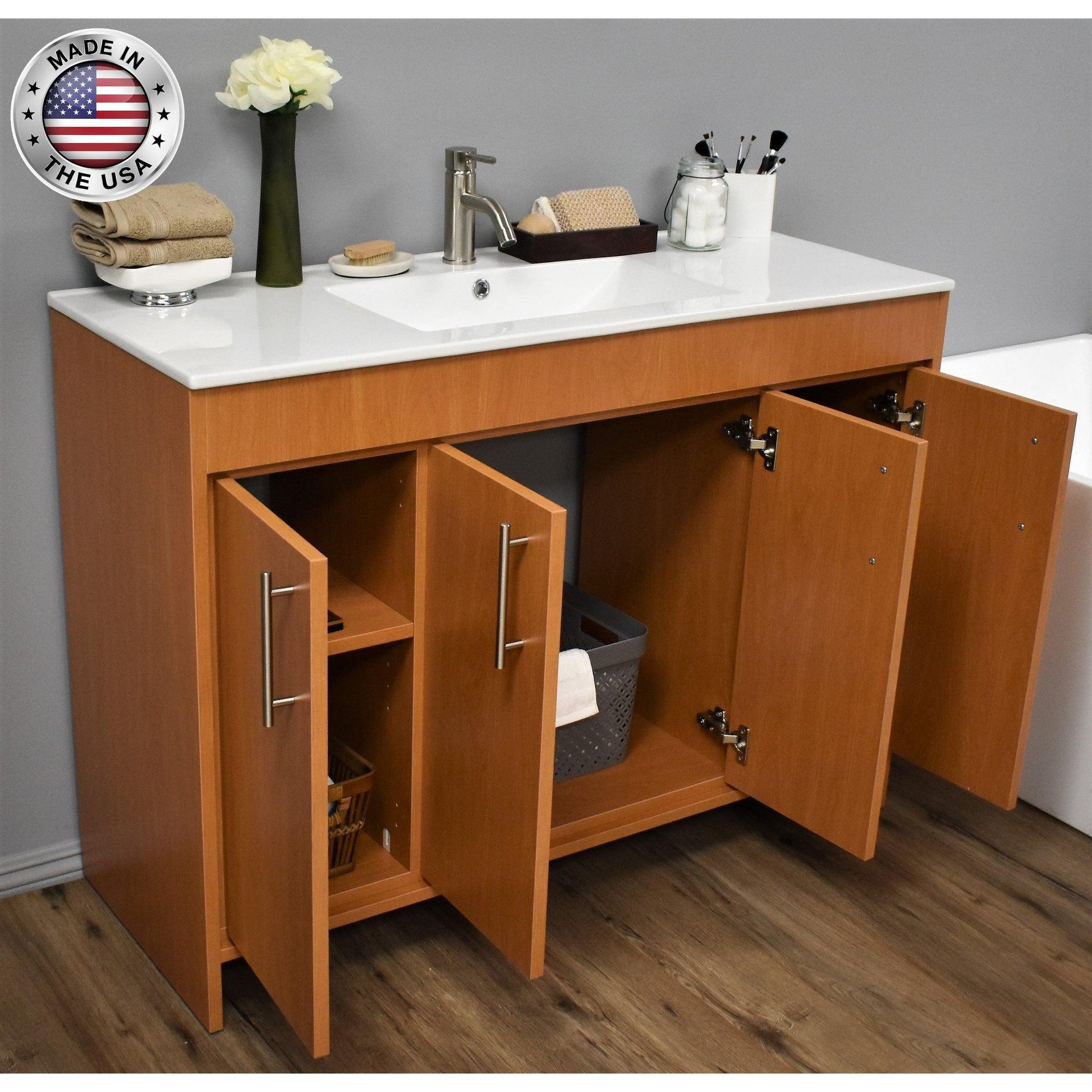 Volpa USA Villa 48" Honey Maple Freestanding Modern Bathroom Vanity With Integrated Ceramic Top and Brushed Nickel Round Handles