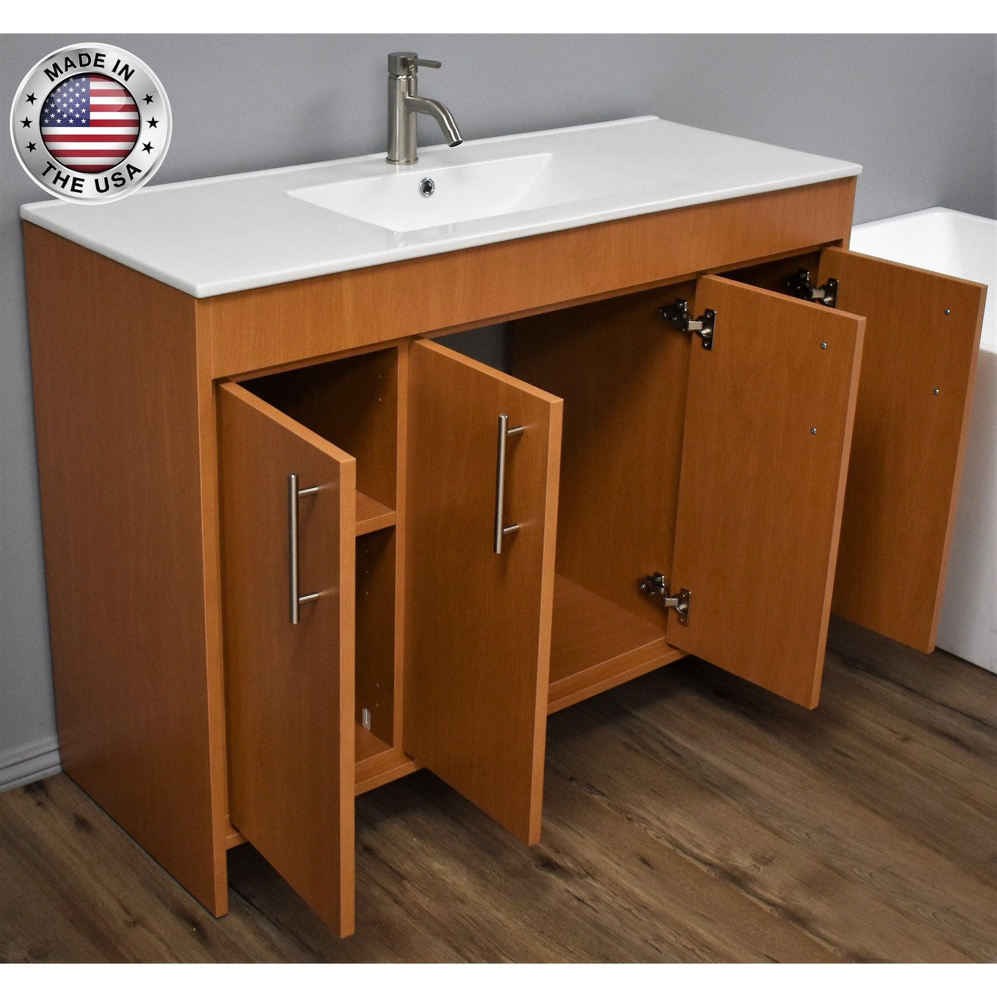 Volpa USA Villa 48" Honey Maple Freestanding Modern Bathroom Vanity With Integrated Ceramic Top and Brushed Nickel Round Handles