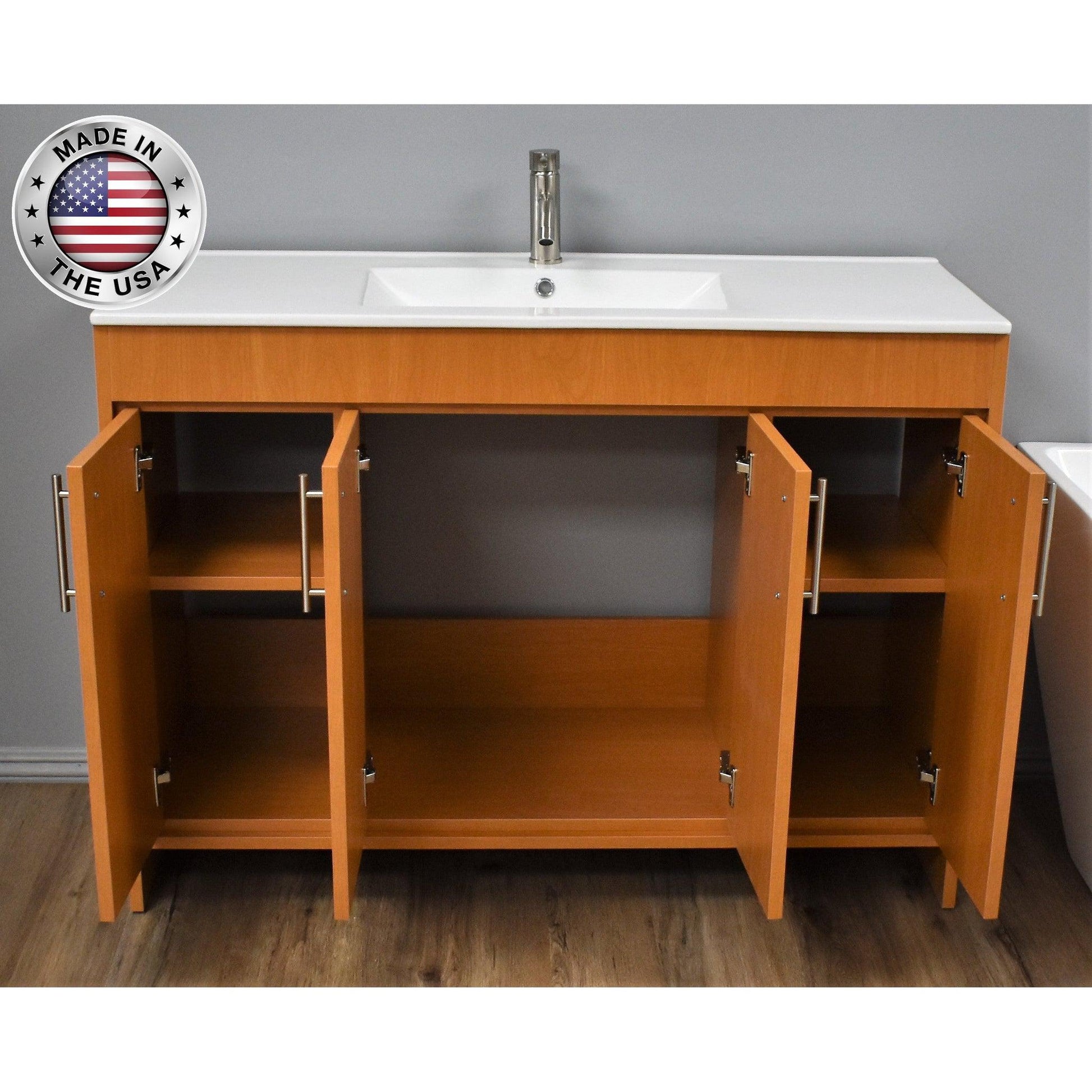 Volpa USA Villa 48" Honey Maple Freestanding Modern Bathroom Vanity With Integrated Ceramic Top and Brushed Nickel Round Handles