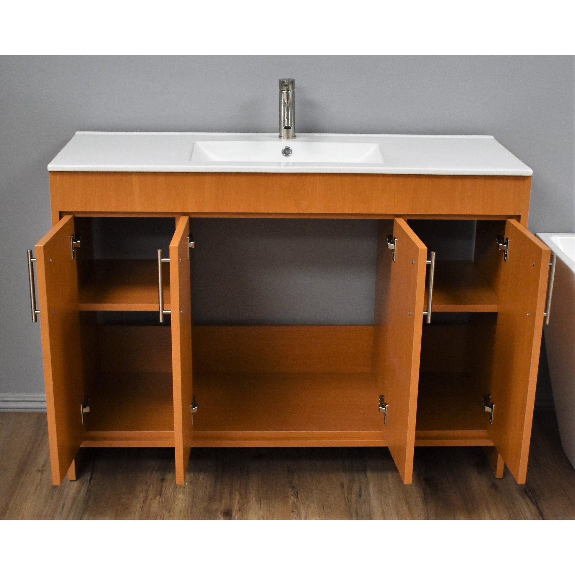 Volpa USA Villa 48" Honey Maple Freestanding Modern Bathroom Vanity With Integrated Ceramic Top and Brushed Nickel Round Handles