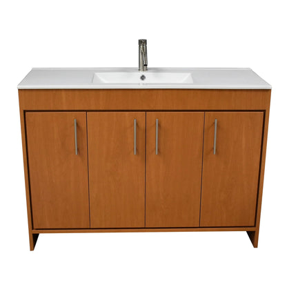 Volpa USA Villa 48" Honey Maple Freestanding Modern Bathroom Vanity With Integrated Ceramic Top and Brushed Nickel Round Handles