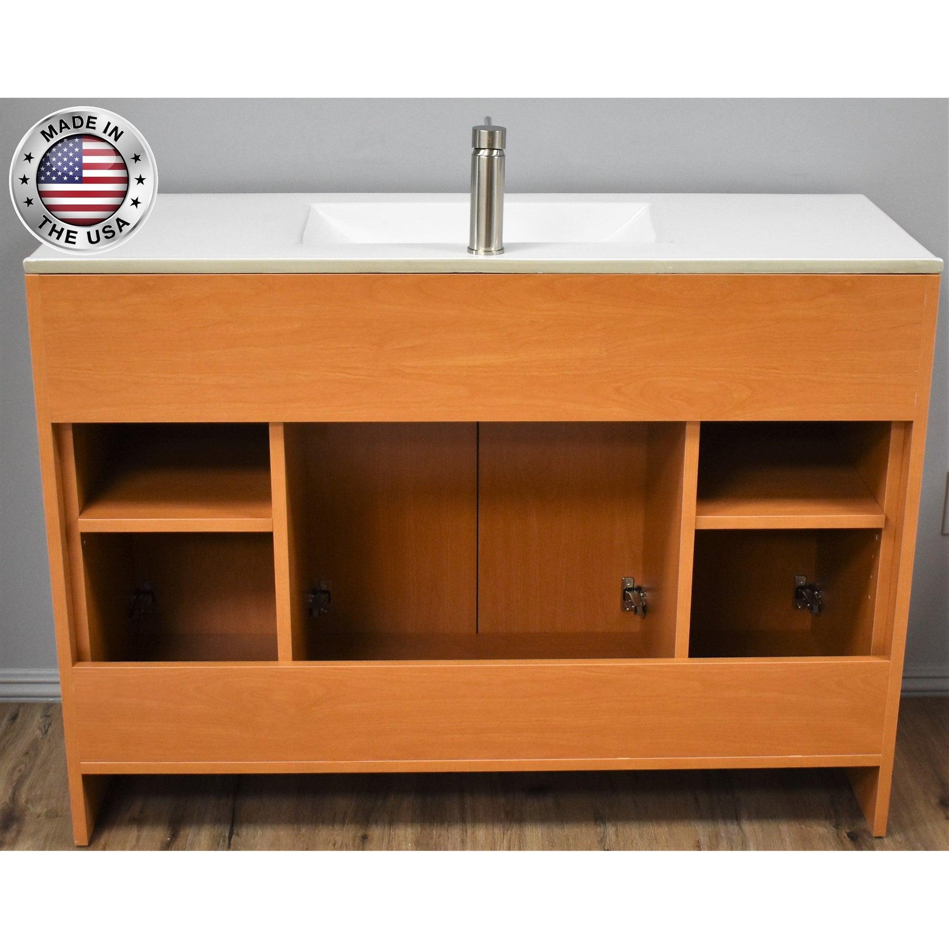 Volpa USA Villa 48" Honey Maple Freestanding Modern Bathroom Vanity With Integrated Ceramic Top and Brushed Nickel Round Handles