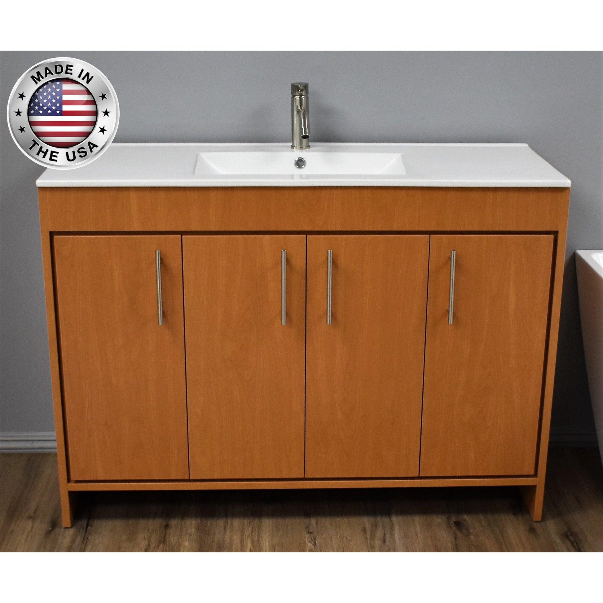 Volpa USA Villa 48" Honey Maple Freestanding Modern Bathroom Vanity With Integrated Ceramic Top and Brushed Nickel Round Handles