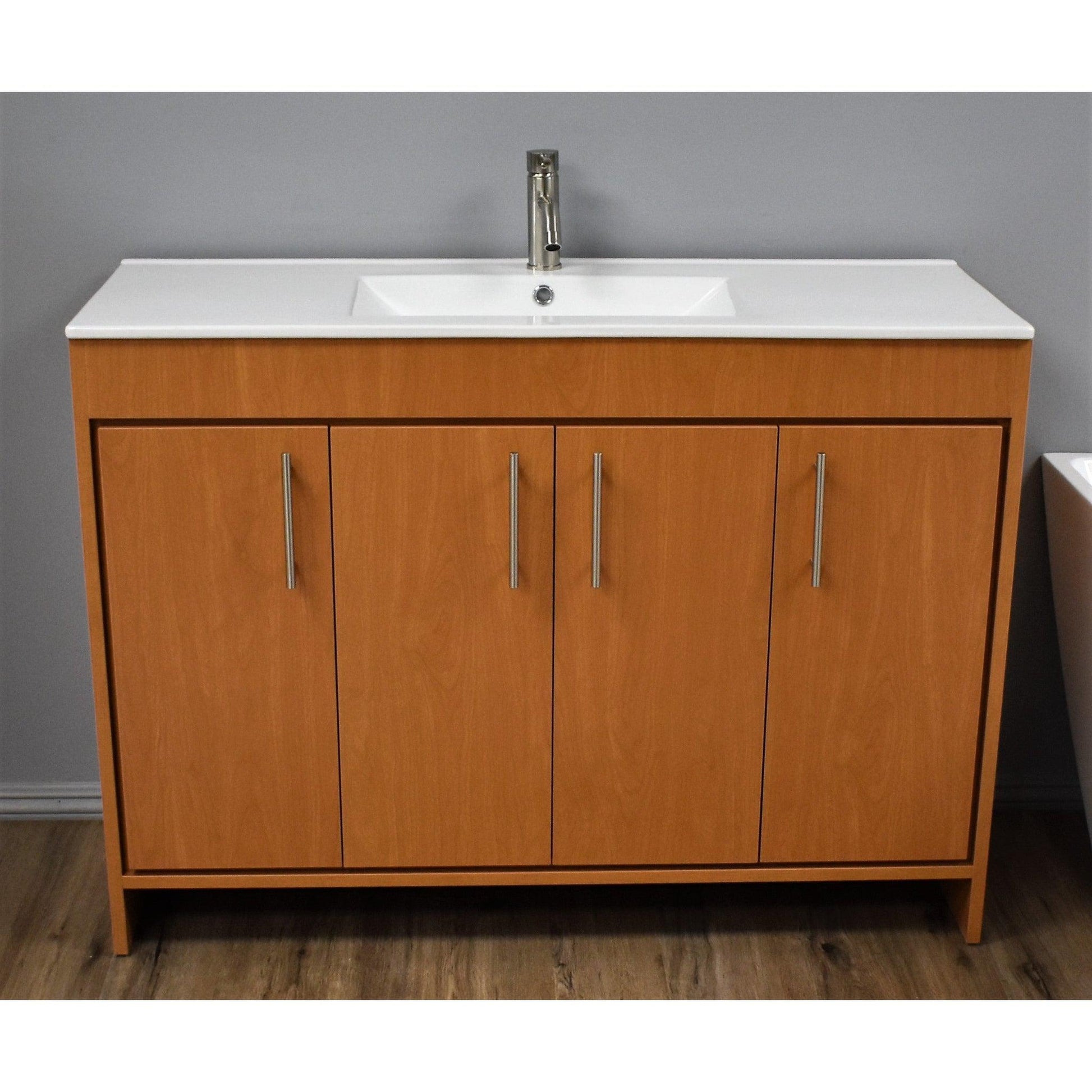 Volpa USA Villa 48" Honey Maple Freestanding Modern Bathroom Vanity With Integrated Ceramic Top and Brushed Nickel Round Handles