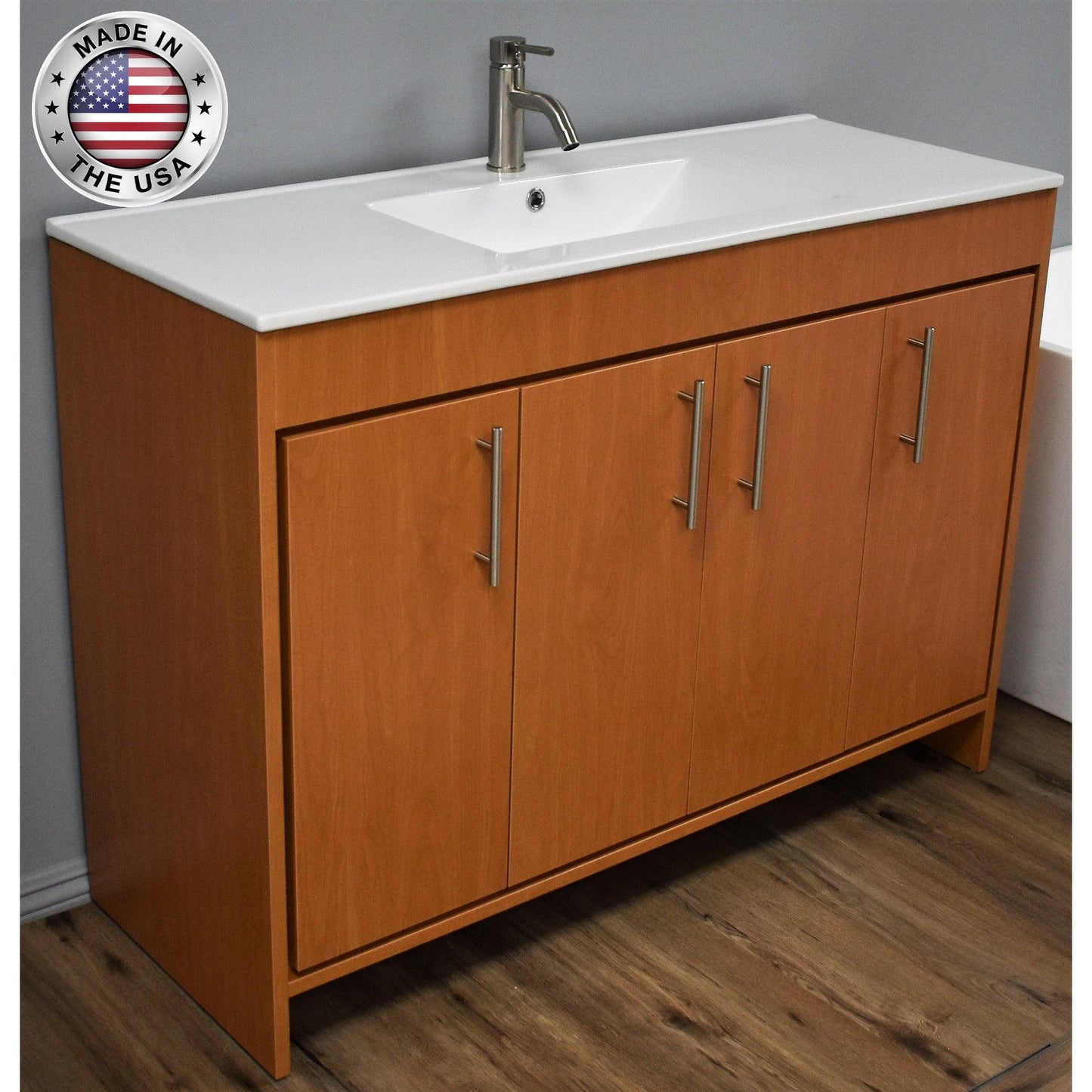 Volpa USA Villa 48" Honey Maple Freestanding Modern Bathroom Vanity With Integrated Ceramic Top and Brushed Nickel Round Handles