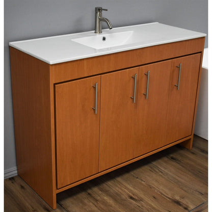 Volpa USA Villa 48" Honey Maple Freestanding Modern Bathroom Vanity With Integrated Ceramic Top and Brushed Nickel Round Handles