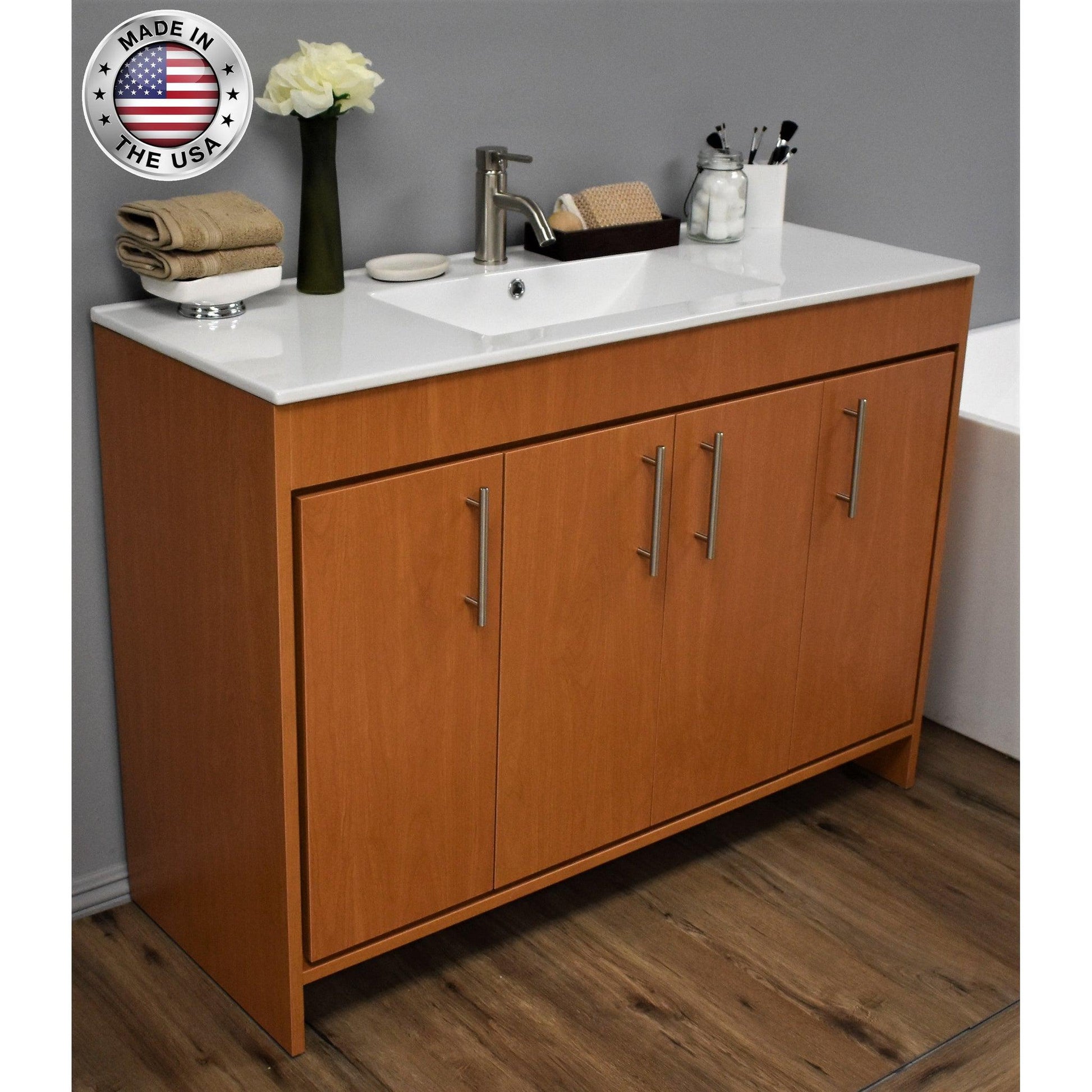 Volpa USA Villa 48" Honey Maple Freestanding Modern Bathroom Vanity With Integrated Ceramic Top and Brushed Nickel Round Handles