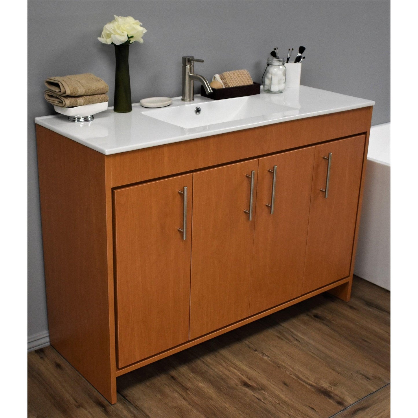 Volpa USA Villa 48" Honey Maple Freestanding Modern Bathroom Vanity With Integrated Ceramic Top and Brushed Nickel Round Handles