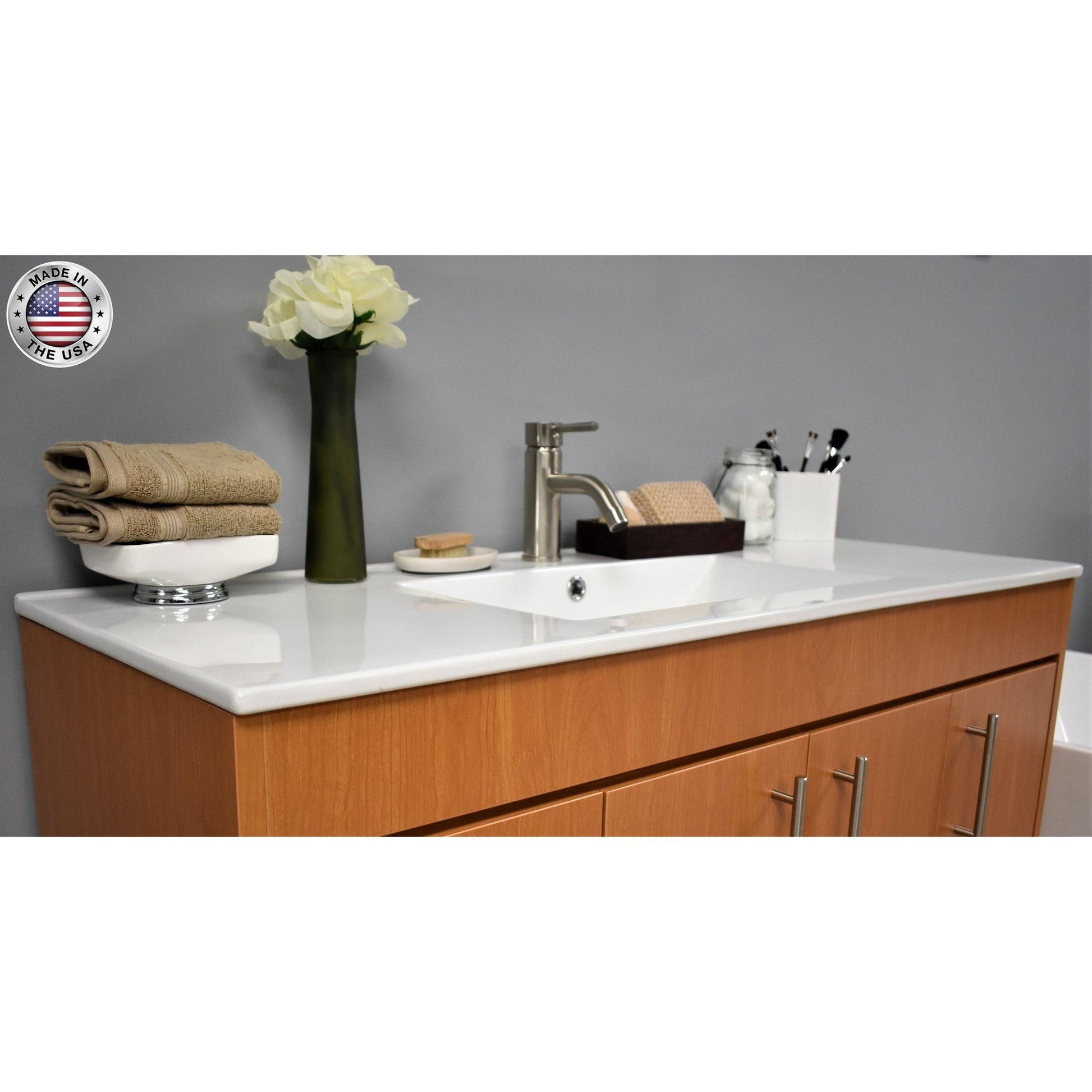 Volpa USA Villa 48" Honey Maple Freestanding Modern Bathroom Vanity With Integrated Ceramic Top and Brushed Nickel Round Handles