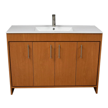 Volpa USA Villa 48" Honey Maple Freestanding Modern Bathroom Vanity With Integrated Ceramic Top and Brushed Nickel Round Handles