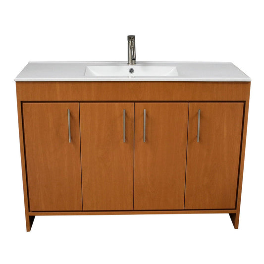 Volpa USA Villa 48" Honey Maple Freestanding Modern Bathroom Vanity With Integrated Ceramic Top and Brushed Nickel Round Handles