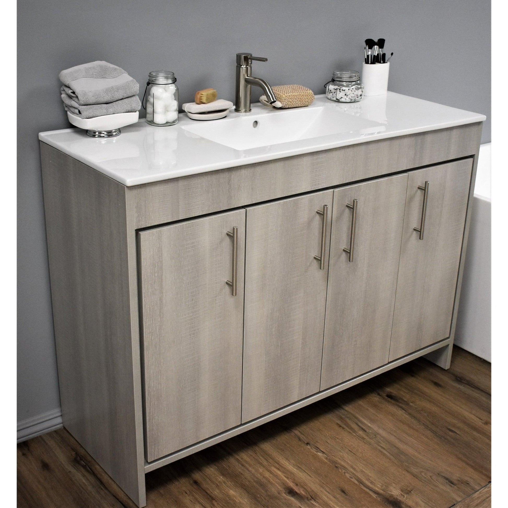 Volpa USA Villa 48" Weathered Grey Freestanding Modern Bathroom Vanity With Integrated Ceramic Top and Brushed Nickel Round Handles