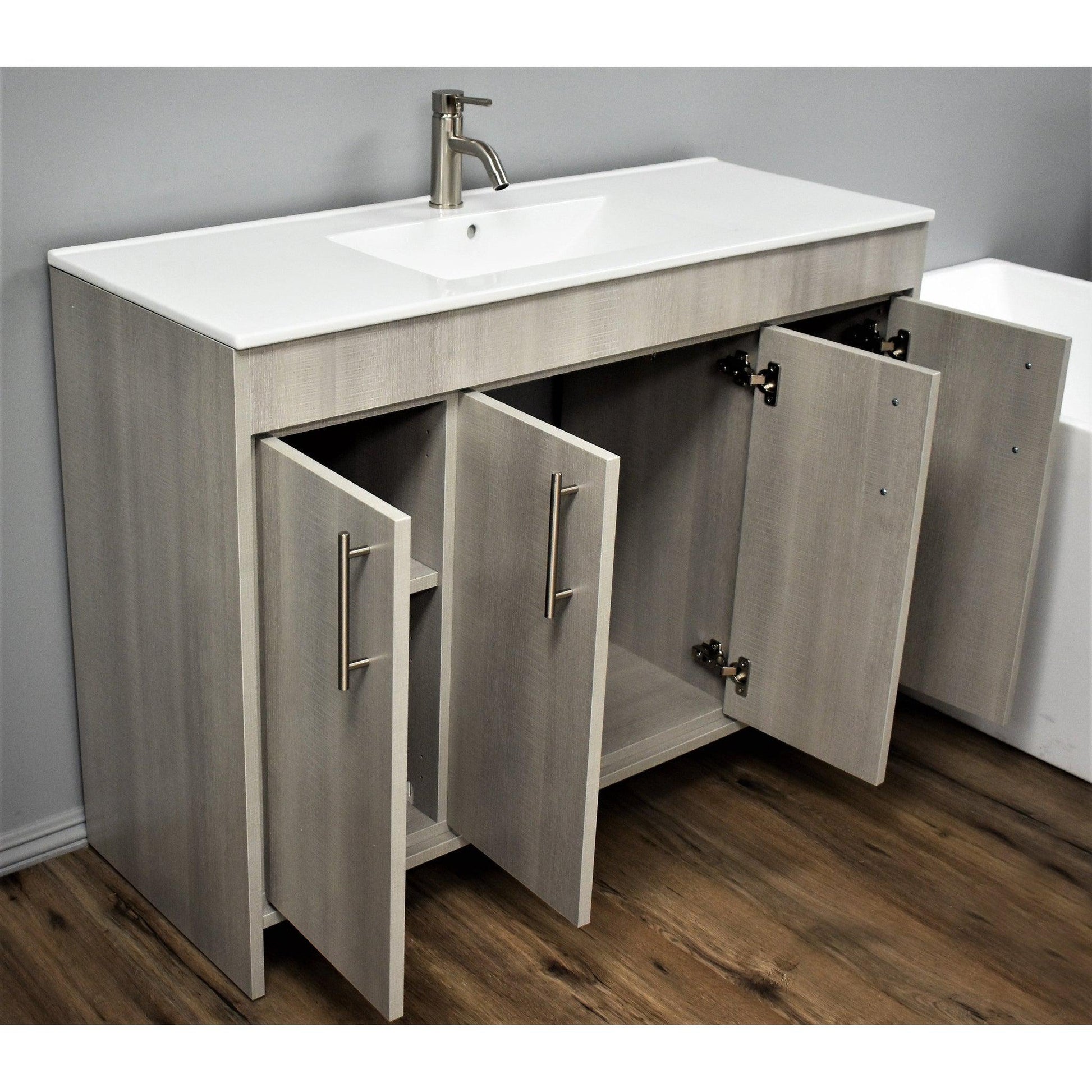 Volpa USA Villa 48" Weathered Grey Freestanding Modern Bathroom Vanity With Integrated Ceramic Top and Brushed Nickel Round Handles