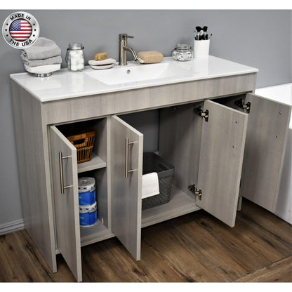 Volpa USA Villa 48" Weathered Grey Freestanding Modern Bathroom Vanity With Integrated Ceramic Top and Brushed Nickel Round Handles