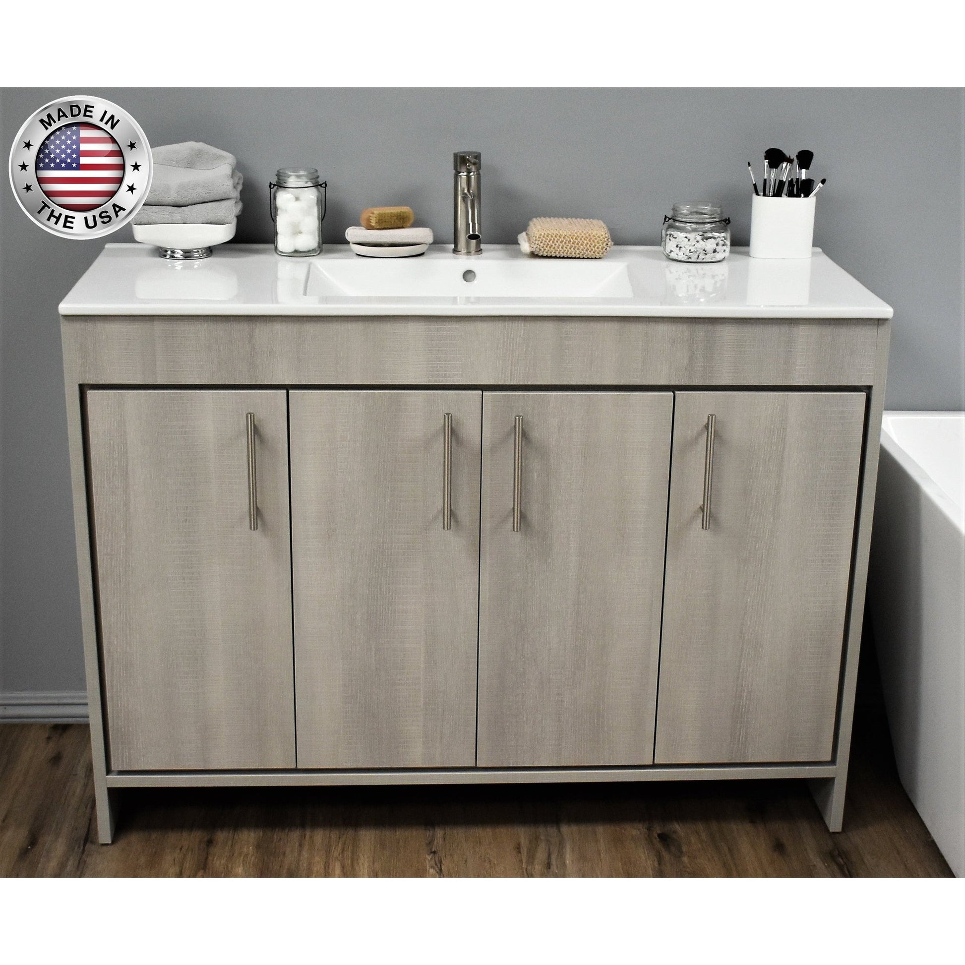 Volpa USA Villa 48" Weathered Grey Freestanding Modern Bathroom Vanity With Integrated Ceramic Top and Brushed Nickel Round Handles