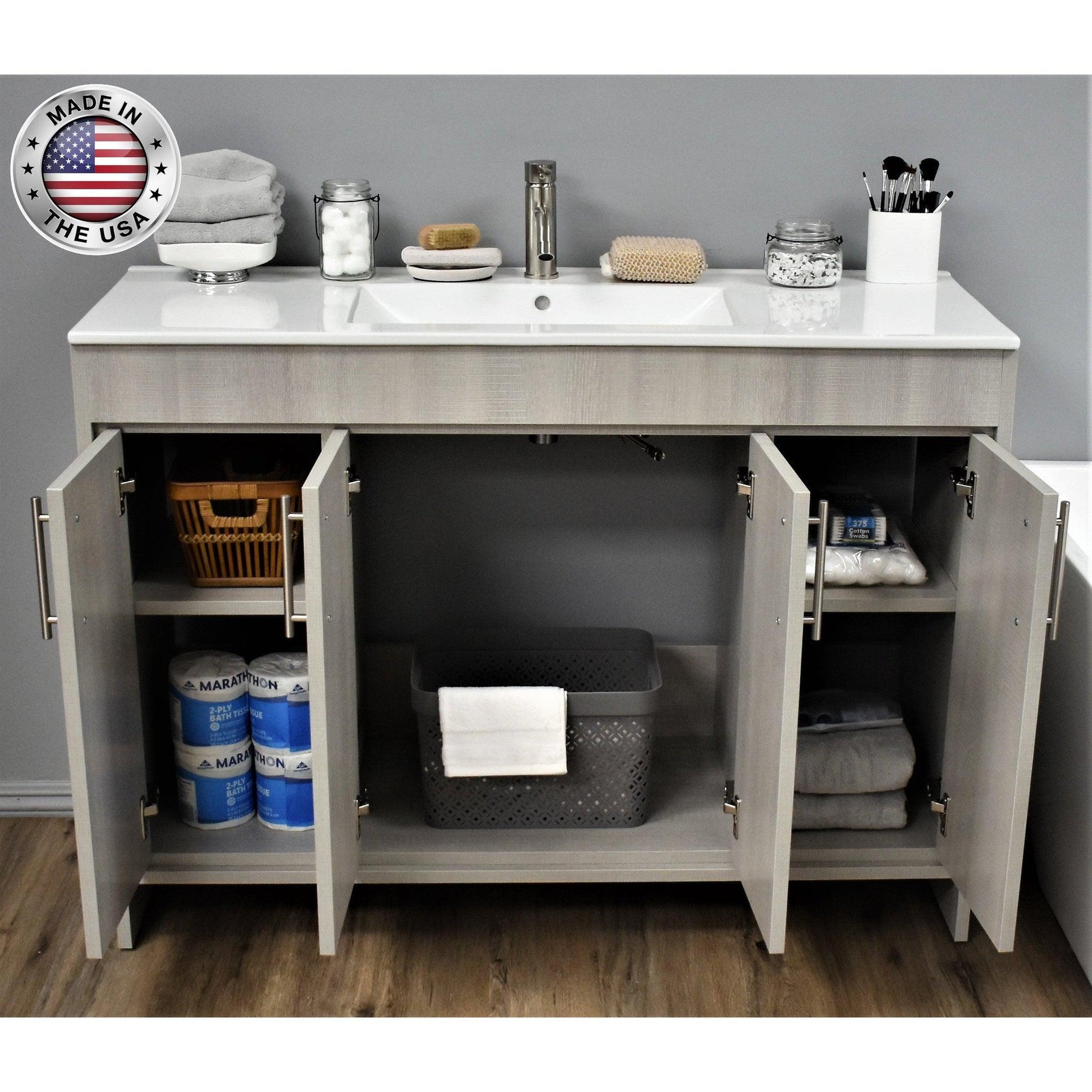 Volpa USA Villa 48" Weathered Grey Freestanding Modern Bathroom Vanity With Integrated Ceramic Top and Brushed Nickel Round Handles